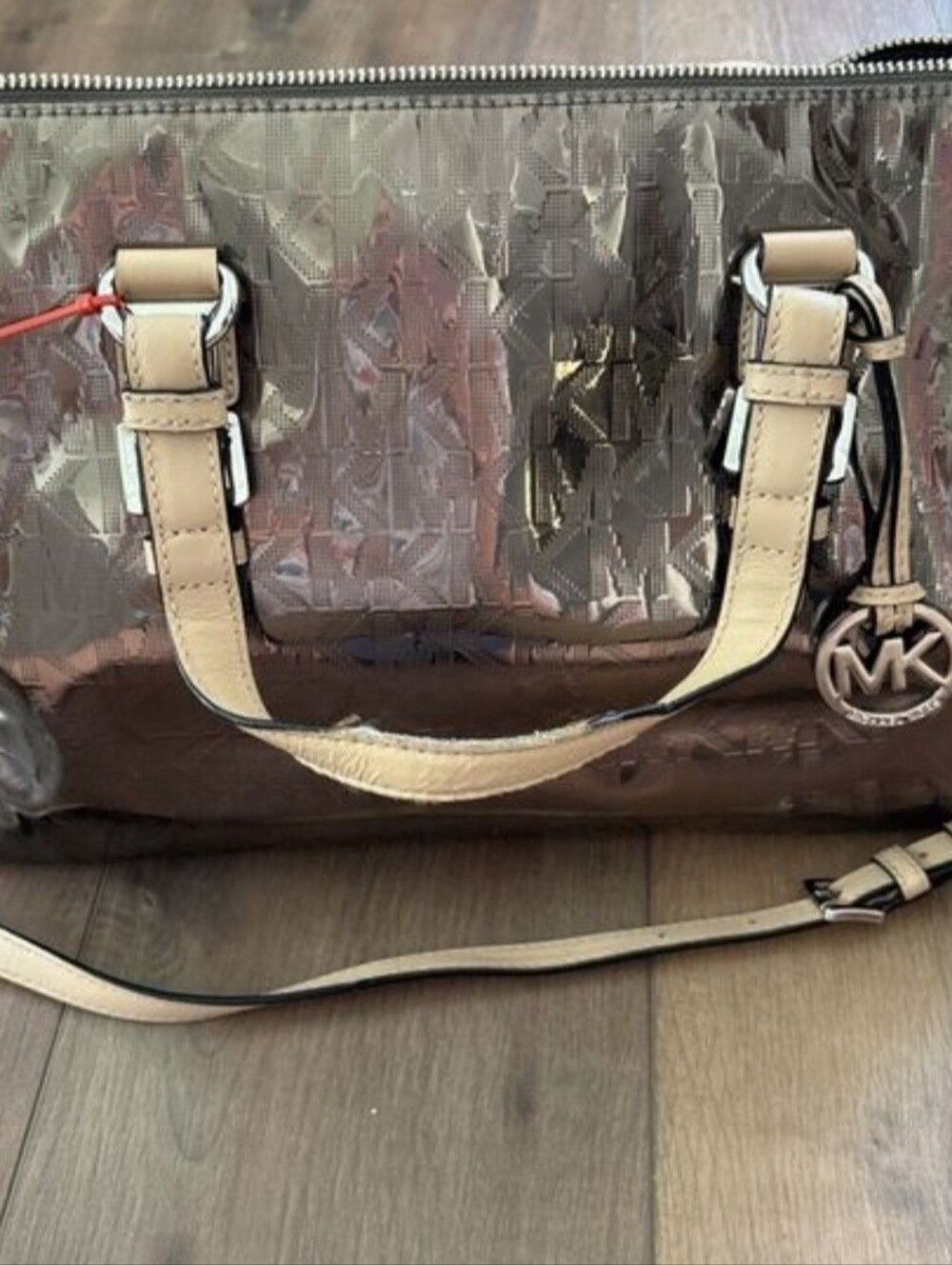 Michael Kors Grayson Silver Metallic Mirror Monogram Satchel SoHo Designer Grung
